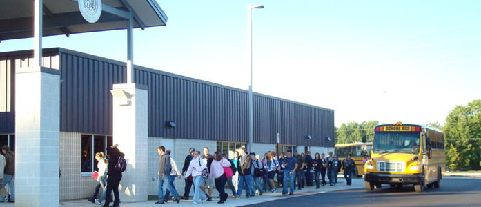 Children entering Career Center building